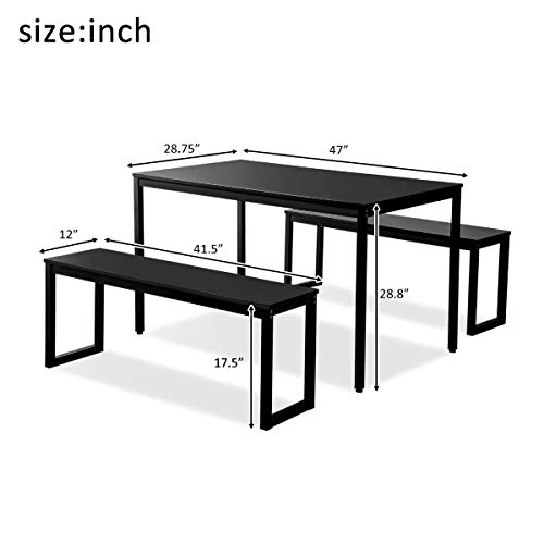Rhomtree 3 Pieces Dining Set Table with 2 Benches Kitchen Dining Room Furniture Modern Style Wood Table Top with Metal Frame (Balck + Black)