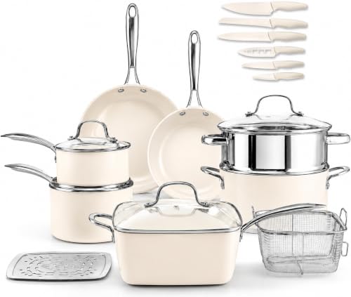 Gotham Steel 20pcs Pots and Pans Set Non Stick Ceramic Cookware Set with Deep Frying Pan Set & 6pc Knife Set Made without PFOA PFOS Lasts 2x Longer Oven & Dishwasher Safe