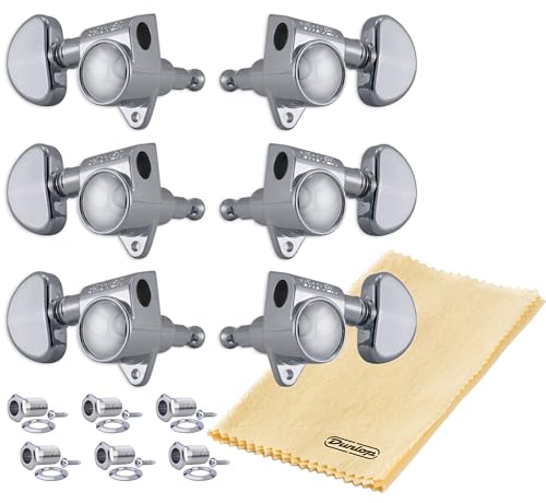 Grover 102-18C ROTOMATICS Guitar Tuners Tuning Machine Set 18:1 3+3 Chrome Keys Sperzel Style with Tonebird Dunlop Polish Cloth Bundle Kidney Button Fine Tune Gears for Acoustic or Electric