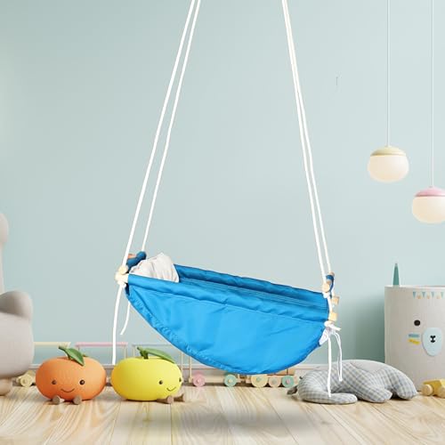 Image of Baby Swing for Infants and Toddler, Newborn Baby Sleeping Chair Hammock Indoor and Outdoor, Wooden Hanging Seat Chair for Baby up to 2 Years (Blue)