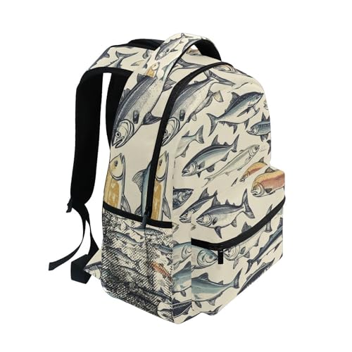 Vintage Fish Pattern Backpack Laptop Tablet Travel School Backpack with Name Tag for Boys Girls2