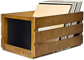 Navaris Wooden Record Crate - Vinyl Album Storage Holder Box Wood Case with Chalkboard Sign Board - Holds up to 80 LP Records - Dark Brown