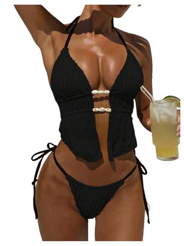 Image of RoseSeek Women's 2 Piece Boho Polka Dots Beaded Bikini Sets Sexy Swimsuits