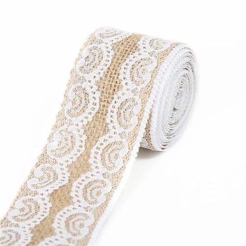 Telas Para Costura Cinta de arpillera de Yute Natural de 1-10 metros con adorno de encaje blanco, lino artesanal for embalaje de decoración del hogar de boda DIY(N0.17 Width 5cm,2Meters)