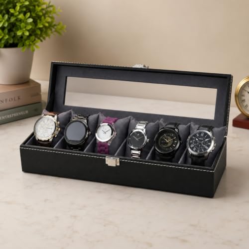 Image of Watch Box Organizer for Men and Women, 6 Slots, Leatherette, Black, Gift Box (Black::Grey)