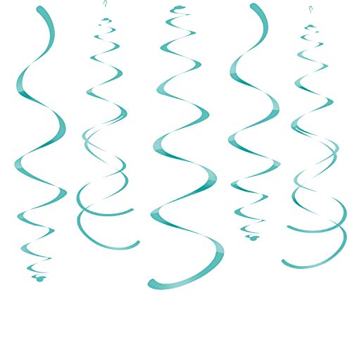Image of WEVEN Teal Party Hanging Swirl Decorations Plastic Streamer for Ceiling, Pack of 28