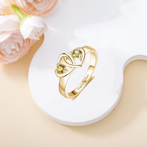 Birthstone Two heart Promise Rings Solid 10k 14k 18k Yellow Gold with Engraved 2 Names Customized 2 Birthstones For Grandma Mom Wife2