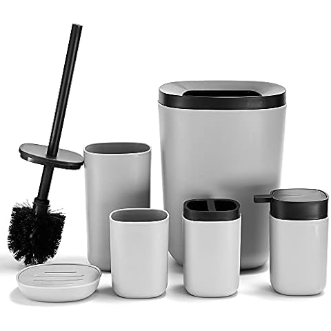 DUFU Bathroom Accessory Set, 6 Pieces Plastic Bath Accessories, Modern Vanity Organiser Kit, Contain Toilet Brush, Toothbrush Holder, Plastic Cup, Soap Dish, Trash Can, Lotion Dispenser Gray Cover