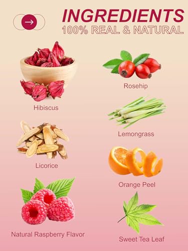 Image of TeeLux Raspberry Hibiscus Tea Bags, Tart & Sweet Notes, Caffeine Free 100ct | Tart Hibiscus Blend with Sweet Licorice, Lemongrass, Rosehips & Natural Raspberry Flavor, Juicy Berry Notes, Hot or Iced