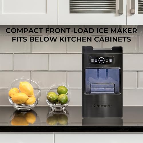 Kenmore Front Load Ice Maker – Machine à glaçons Domestique, Nugget Ice Maker Makes 9 Pebble in 6 Mins, Portable Self‑Cleaning Ice Machine, 26 Lbs/Day, Stainless Steel Black