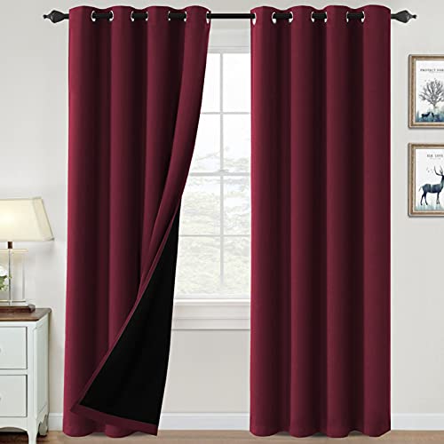 100% Blackout Curtains For Bedroom Thermal Insulated Blackout Curtains 84 Inch Length Heat And Full Light Blocking Curtains Window Drapes For Living Room With Black Liner 2 Panels Set, Burgundy #TOP27