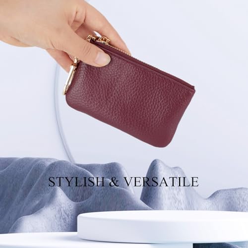 Image of Full Grain Leather Coin Purse with Key Chain - Small Change Purse Keychain Card Holder Keychain Pouch Small Keychain Wallet for Women and Men (Burgundy)