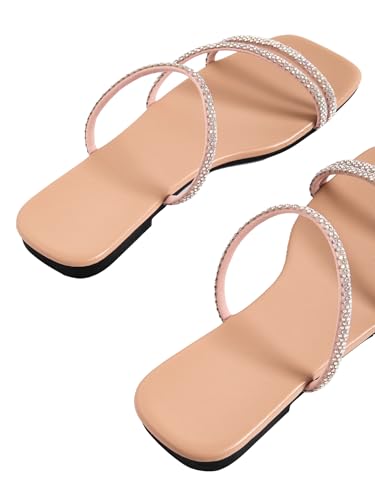 GORGLITTER Women's Rhinestone Flat Strappy Sandals Dress Open Toe Slip on Slide Sandals4