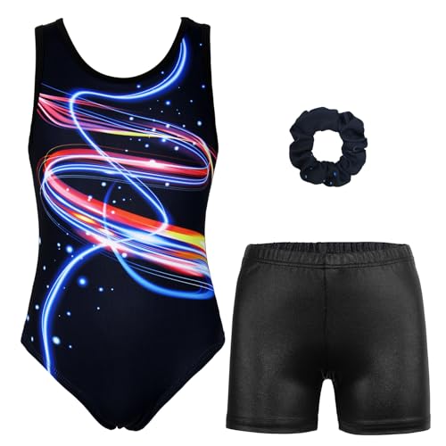 Gymnastics Leotards for Girls with Shorts Sparkly Ballet Dance Activewear Multicolored Wave Set 4-5T