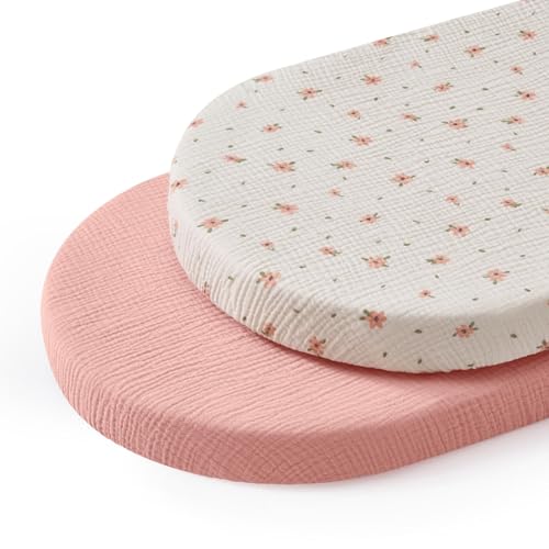 Image of Blissful Diary Muslin Bassinet Sheets for Baby Girls Boys, Boho Soft Cotton Fitted for Oval Hourglass Rectangle Mattress, 2 Pack(Pink Floral&Light Pink)