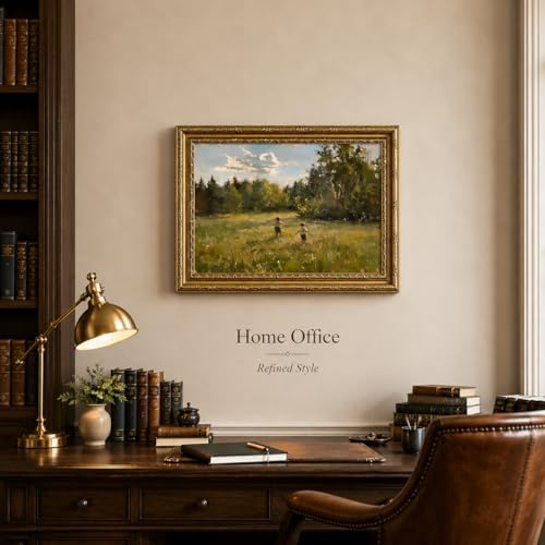 Vintage Gold Framed Wall Art, Retro Countryside Canvas Print, Boys Playing Landscape Oil Painting, for Rustic Living Room and Bedroom, 9x11 Inch - 3