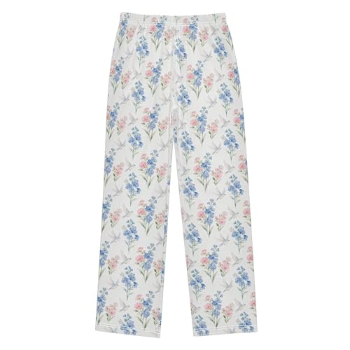 Yuiboo Elastic Waistband Sleep Bottoms Bird Floral White Pajama Pants Gifts with Pockets 13-14Y