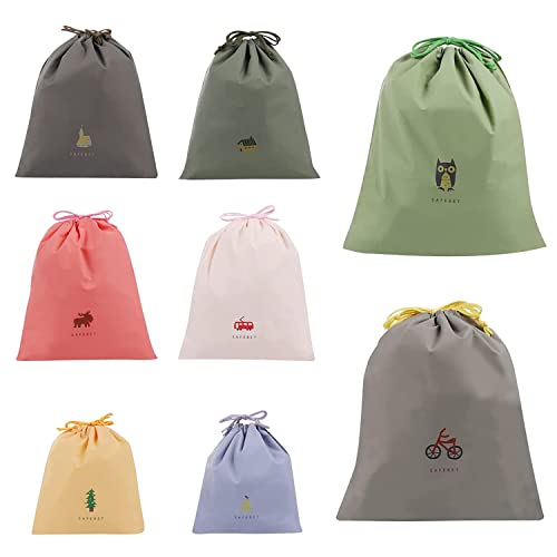 XPOOS 8 Pièces Sac à Cordon Imperméable, Sac Linge Sale Enfant, Pochette Tissu Cordon Rangement, Organiseurs De Bagage Sacs Pour Voyage Camping Piscine 3 Tailles, (MCSM-FSSND-8P)