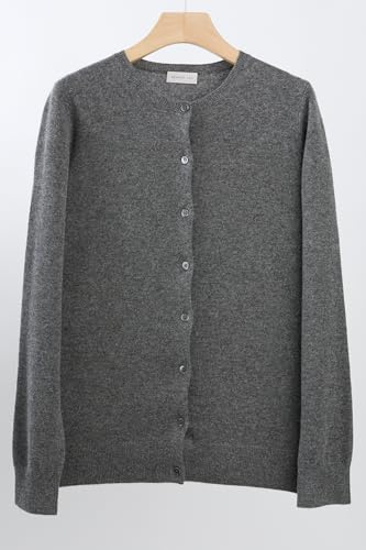 Image of JENNIE LIU Women's 100% Cashmere Button Front Long Sleeve Crewneck Cardigan Sweater