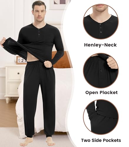 Image of NACHILA Mens Pajamas Set Long Sleeve Henley Sleepwear Top Soft Jogger Pants Pajamas Cool Pjs Set,Viscose Made from Bamboo