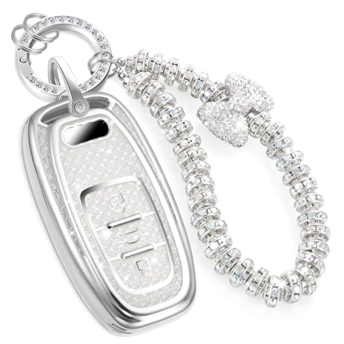 Image of Key Fob Cover for Audi, Rhinestone Wristlet Keychain Case, White | Wear-resistant TPU shell, non-stretch rhinestone wristlet, daily splash, scratch and drop protection, normal signal use