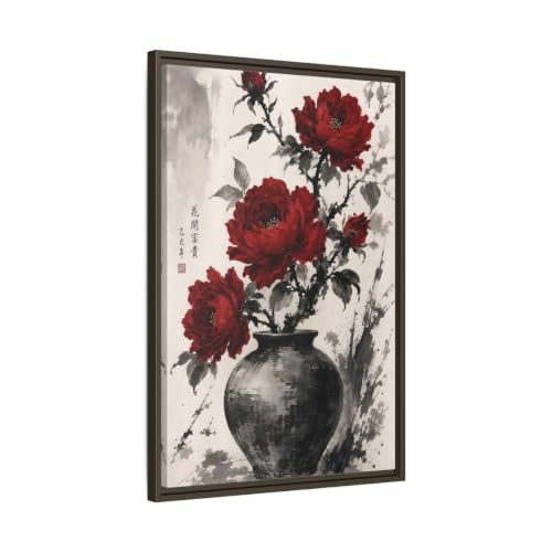 Toile pivoines rouges 50x75 cm avec cadre espresso pour deco salon