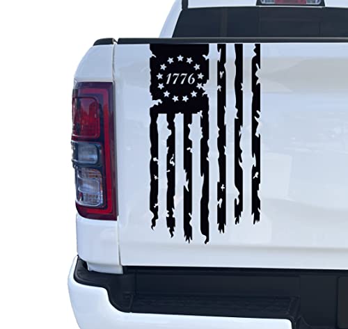 Aldera Graphics Betsy Ross Flag 1776 Distressed American Usa Us Flag Truck Tailgate Vinyl Decal Sticker Compatible With Most Pickup Trucks - (10" X 18") - Pickup Truck Rear Graphic Car Sticker (Matte Black) #TOP4