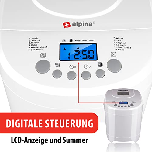 alpina Brotbackautomat - Brotbackmaschine - kleine bis große Brote: 450-680-900 Gramm - Timer - 12 Backprogramme - auch für Kuchen, Marmelade und Ketchup - 600W, Weiß – Bild 6