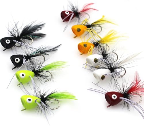 FREICO Fly Fishing Poppers Flies Kit, 10pcs Fly Popper Dry and Wet Lures with Size #6 Hooks for Bass Crappie Bluegill Sunfish Panfish Perch Trout Salmon Steelhead Flies for Fly Fishing