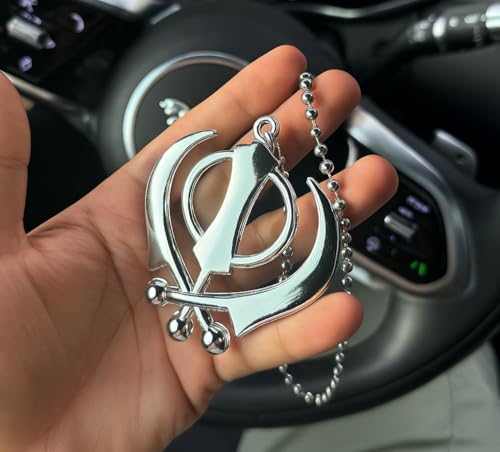 Image of Steel Finish Golden and Silver Khanda Car Hanging Accessory with Beads Chain Punjabi Sikh Car Decor Accessory Sikh Decor for Car 3.2 Inch Wide (Silver)