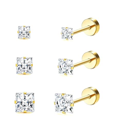 Princess Cut Square CZ Stud Earrings Flat Back Screw Back Small Gold Clear Cubic Zirconia Studs Earrings Set for Women Men Pack of 3 Pairs (3mm 4mm 5mm)