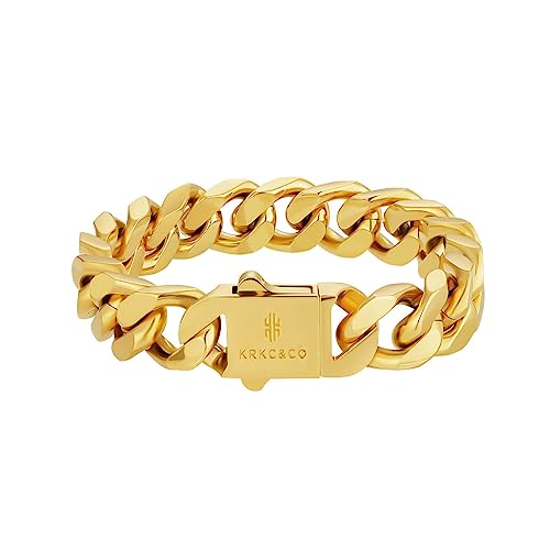 KRKC&CO 12/14mm Cuban Link Curb Bracelet for Men, 18K Gold Miami Bracelets, 𝐃𝐚𝐝 𝐆𝐢𝐟𝐭𝐬 𝐟𝐨𝐫 𝐅𝐚𝐭𝐡𝐞𝐫𝐬 𝐃𝐚𝐲, Durable Urban Street-wear Hip Hop