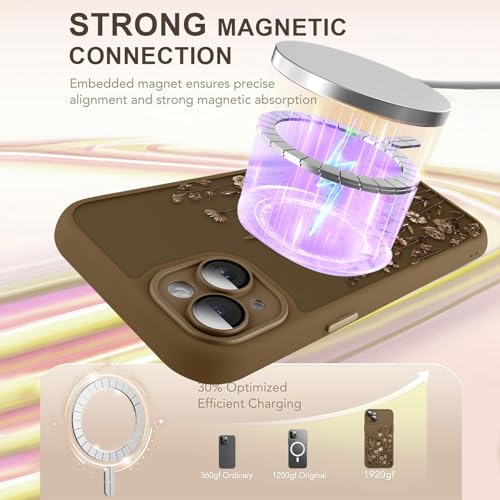 Image of Magnetic for iPhone 13 Case with Screen Protector, Brown Flower | Pretty Floral Pattern Design [Compatible with MagSafe] [Full Camera Protection] Shockproof Slim Cover for Women Girls
