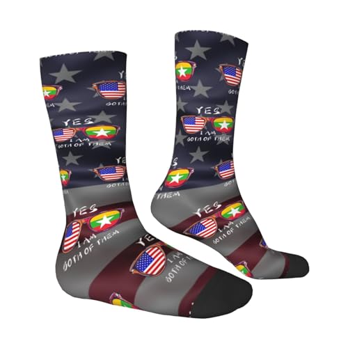 Sunglass Burmese America Flag Adult Polyester Crew Socks Breathable Moisture-Wicking Athletic Running Gym53