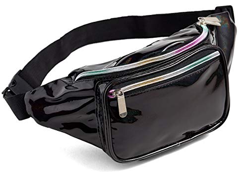 Holographic Glitter black Rave Fanny Pack For Women Grils Festival Waist Belt Bags (Bright black)