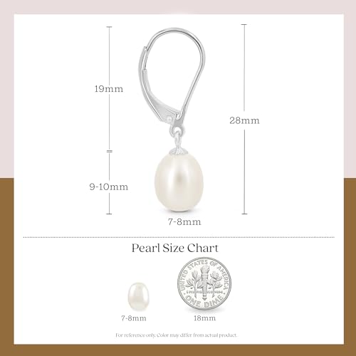 KEZEF Freshwater Cultured Pearl Drop Earrings, 14k White Gold Plated Sterling Silver, 7-8mm Dangle Earrings, Leverback, Hypoallergenic for Women, White Pearl Earrings3