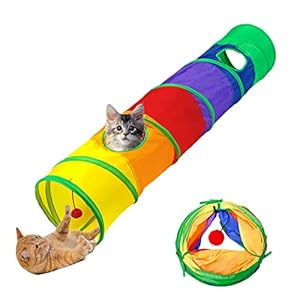 Aokuy Cat Tunnel and Cube Pop Up Collapsible Kitten Indoor Outdoor Toys – With 2 Holes and Play Ball for Puppy, Kitty, Rabbit