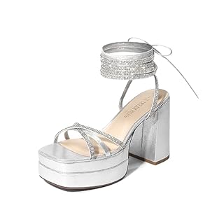 DREAM PAIRS Women’s Lace Up Platform Heels Rhinestone High Strappy Chunky Sandal Y2K Shoe for Club Party Date Prom