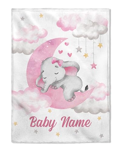 FLOCHIL Personalized Baby Blankets, Custom Baby Blanket - Baby Blanket with Name for Girls, Best Gift for Newborn Elephants Plush Fleece (30x40)