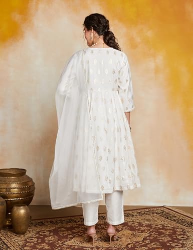 Image of Amazon Brand - Myx Women's Embroidered Anarkali Kurta Set with Organza Dupatta in Chanderi Blend (Available in Plus Sizes)