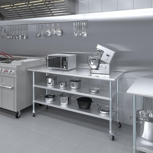 Image of AmGood Stainless Steel Work Table with 2 Shelves and Casters | Metal Utility Table On Wheels (Stainless Steel Work Table with 2 Shelves + Casters, 72 inch Long x 24 inch Deep)