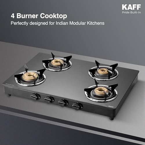 Image of KAFF CTC 69 4B Gas Stove /Cooktop 4 Burners with Manual Ignition 69 CM, High Efficiency Brass Burners, Black Tempered Glass, Enamelled Pan Support (Black)