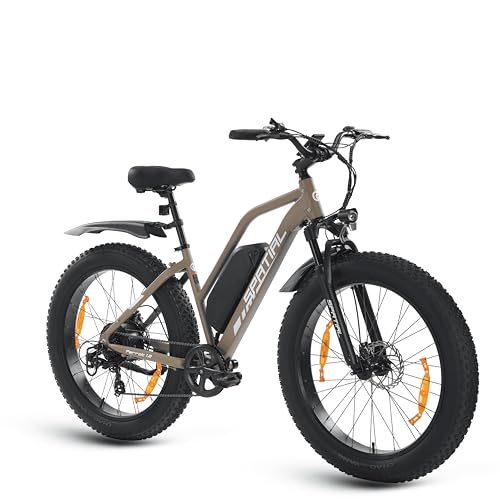 SPATIAL Bicicleta Eléctrica Montaña de 26' con Neumáticos Anchos de 4.0' y Batería de 48 V 13Ah y 624 WH, Autonomía de hasta 112 km, Motor de 250W y 80Nm, Pantalla LCD con 5 Pas (Caqui Mujer)