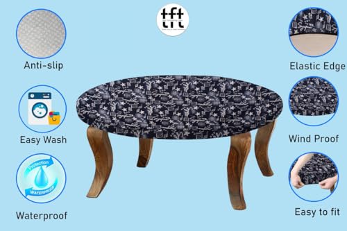 Image of The Furnishing Tree Round Elastic Fitted Center Tpoy Table Cover WxL 18x18 Inches Self Pattern Blue
