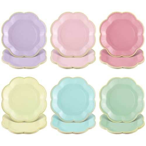 NatNarr 60 Pcs Pastel Paper Plates 7 Inch Pastel Plates with Gold Edge Scalloped Party Plate Disposable Dessert Plate for Wedding Birthday Baby Shower Bridal Party Supplies