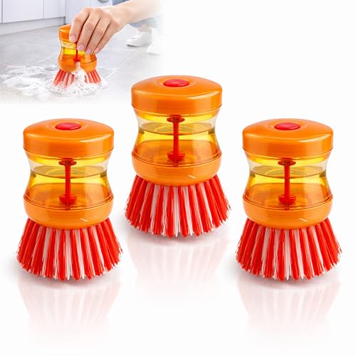 Image of MIKANIX Soap Dispensing Cleaning Brush, Dish Scrubber with Liquid Dispenser for Kitchen Sink, Cookware, Stove, Bathroom & Tiles, Multipurpose Scrub Brush (Pack of 3)
