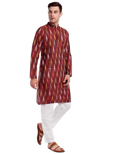 Image of SKAVIJ Men's Pure Cotton Printed Kurta Pajama Set Ikat Design Casual Ethnic Dress
