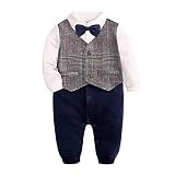 Ding-dong Baby Boy Long Sleeve Cotton Gentleman Striped Romper One Piece Formal Outfit Suit(Plaid, 1