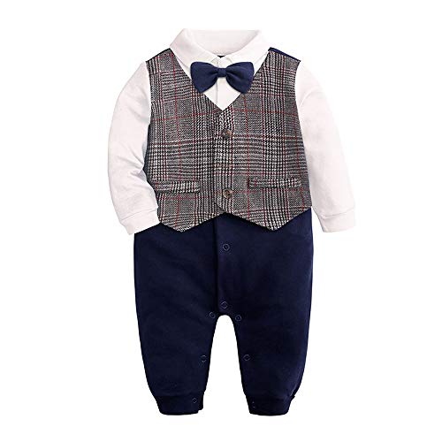 Ding-Dong Baby Boy Long Sleeve Cotton Gentleman Striped Romper One Piece Formal Outfit Suit(Plaid, 18-24M) #TOP5