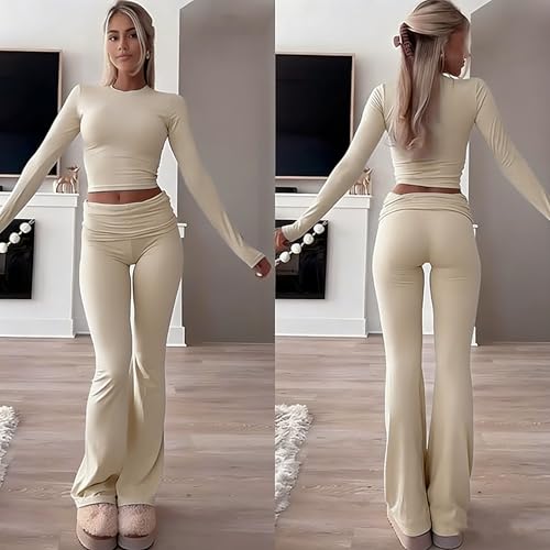 Image of YETOWA Y2K 2 Piece Outfits Tummy Control Long Sleeve Crop Top High Waisted Flare Pants Soft Knit Lounge Set